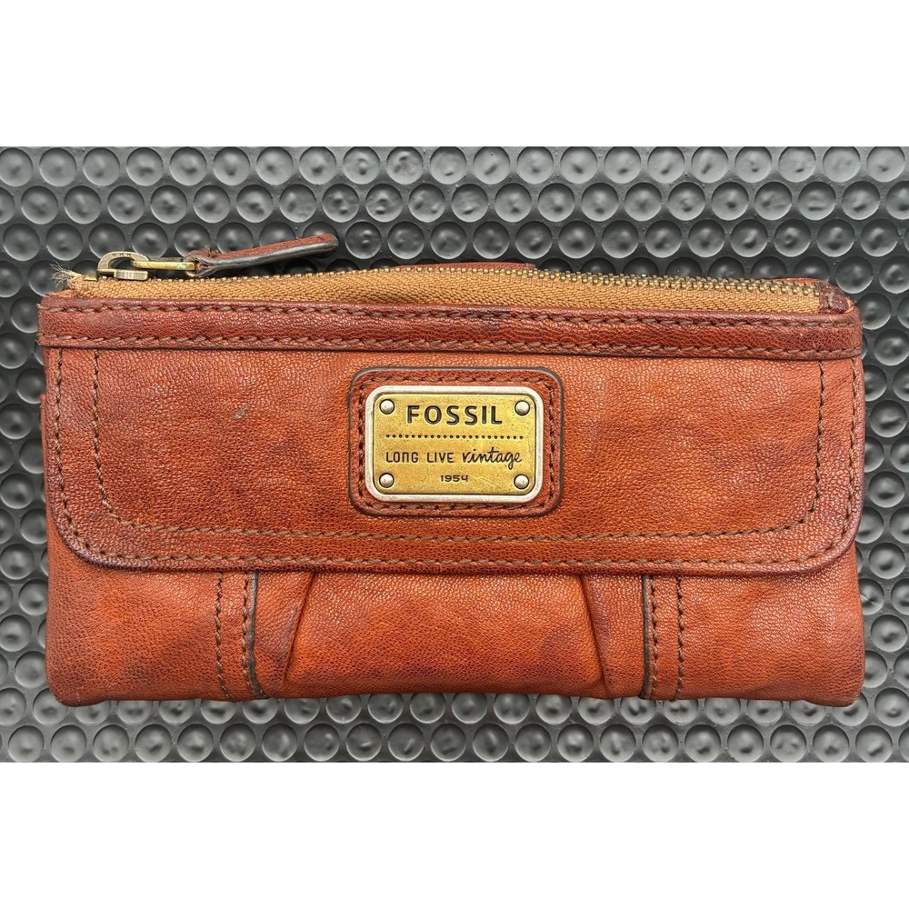 Fossil Emory SL2931 Brown Lamb Hide Leather Flap Wallet Long Live Vintage Clutch